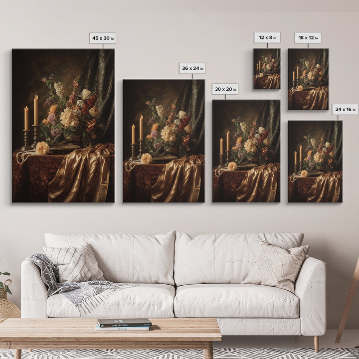Velvet Drapery with Pearls Flowers and Candlelight Canvas Print, Baroque Art, Printable Art, Living Room Decor, Ornate, BAO-2x3-11