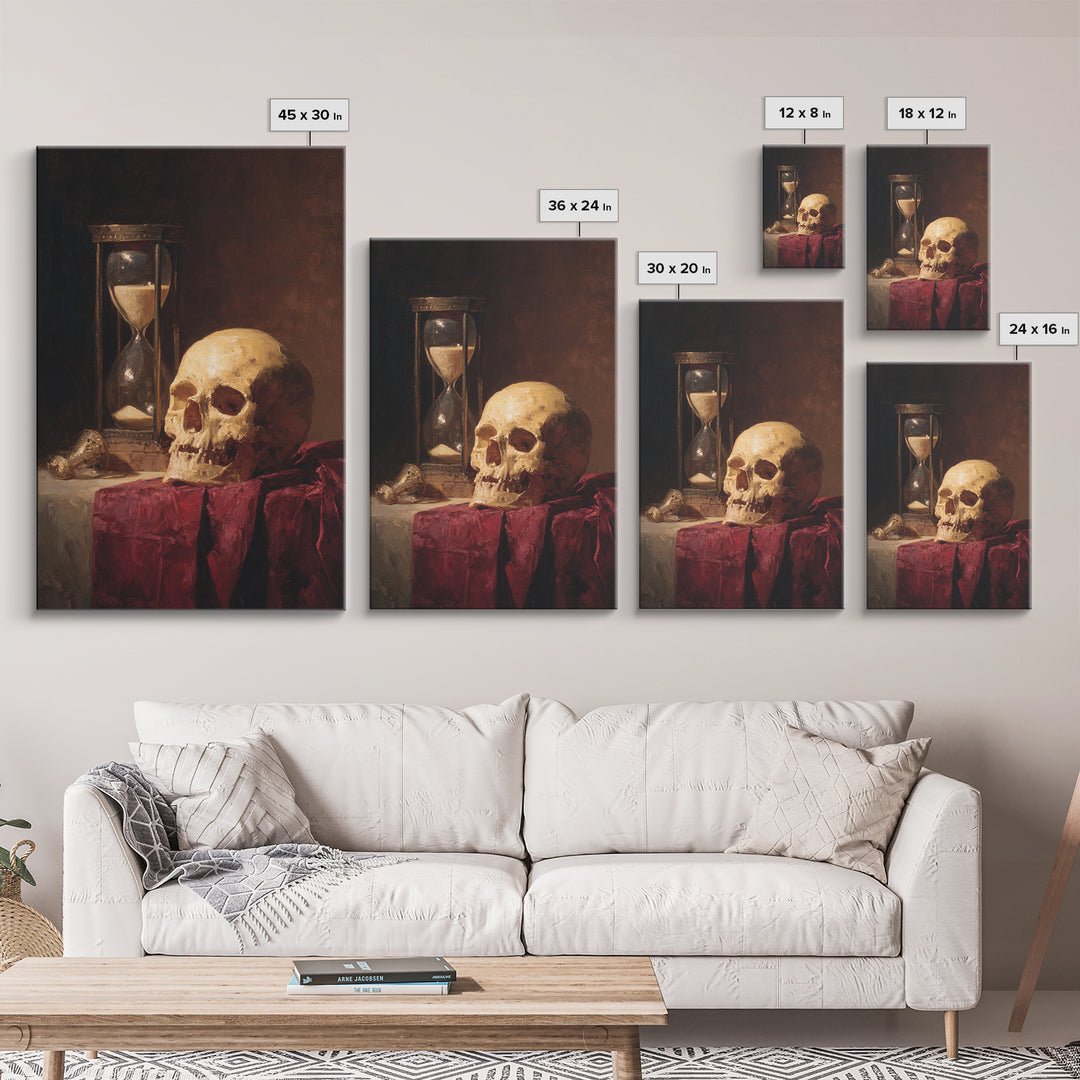 Skull and Hourglass Vanitas Still Life Framed Canvas Print, Baroque Art, Neutral Decor, Living Room Decor, Fine Art, Ornate, BAO-2x3-13