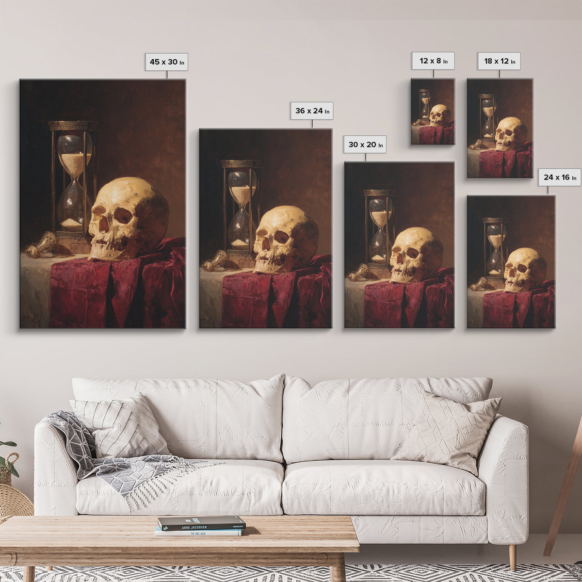 Skull and Hourglass Vanitas Still Life Framed Canvas Print, Baroque Art, Neutral Decor, Living Room Decor, Fine Art, Ornate, BAO-2x3-13
