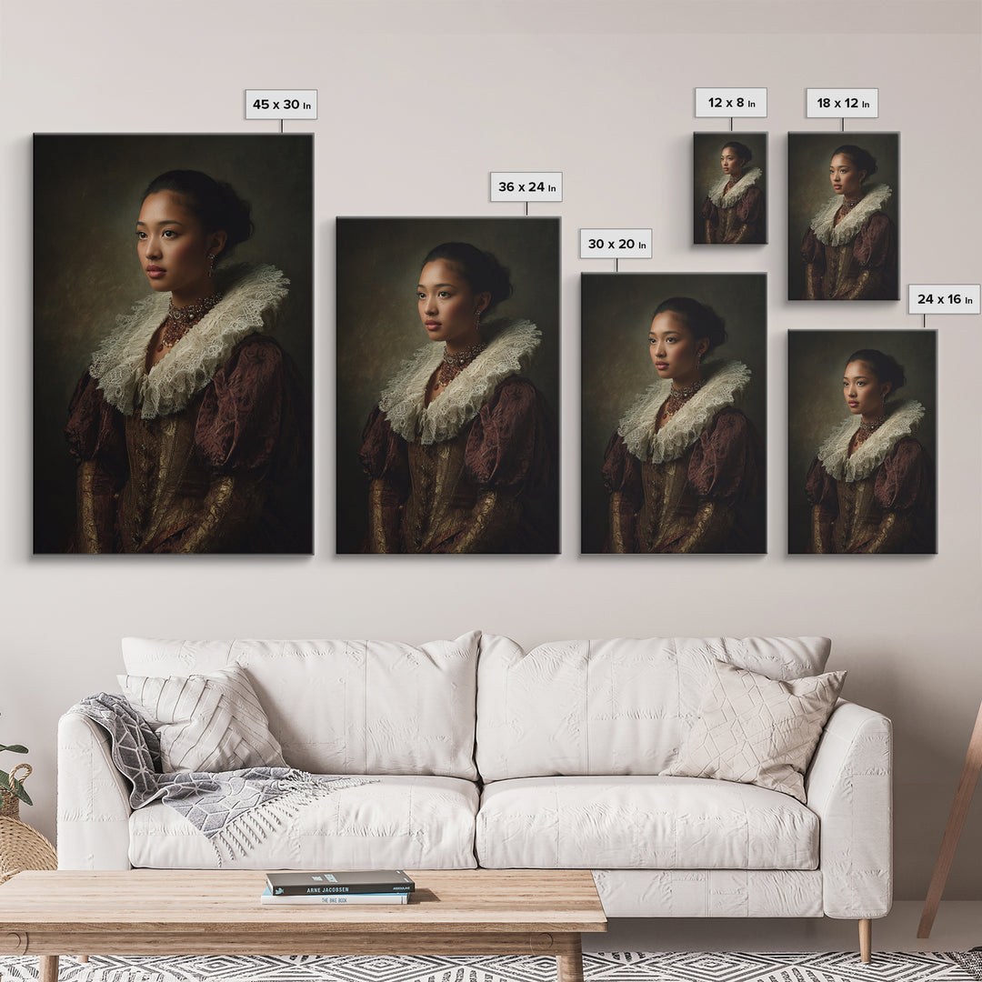 Classical Portrait with Lace Collar and Jewel Canvas Print, Baroque Art, Dark Academia Decor, Living Room Decor, Ornate, BAO-2x3-15
