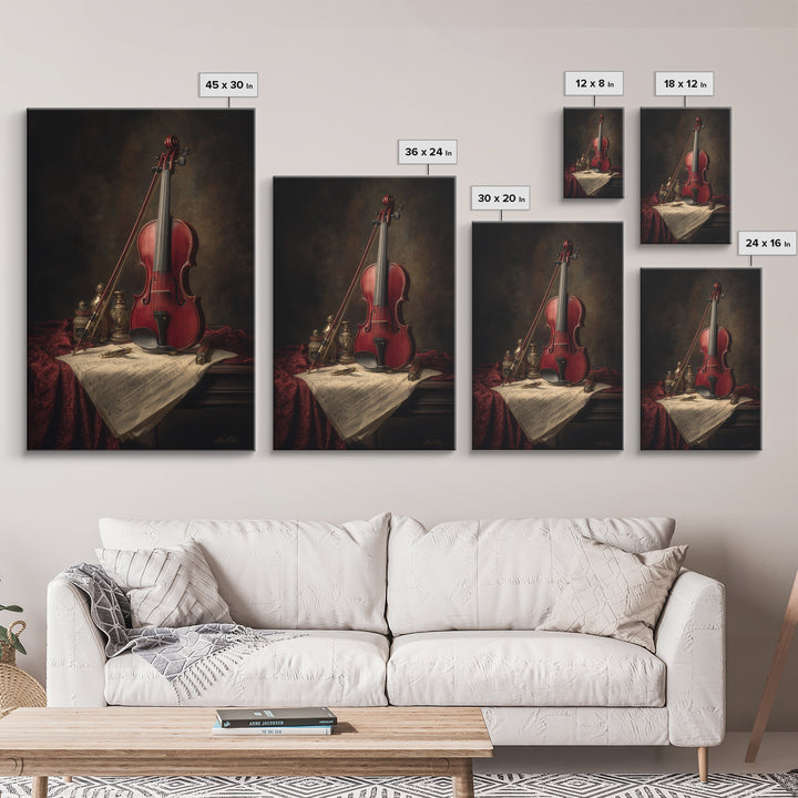 Baroque Violin and Sheet Music Still Life Framed Canvas Print, Baroque Art, Whimsical Decor, Living Room Decor, Ornate, BAO-2x3-19