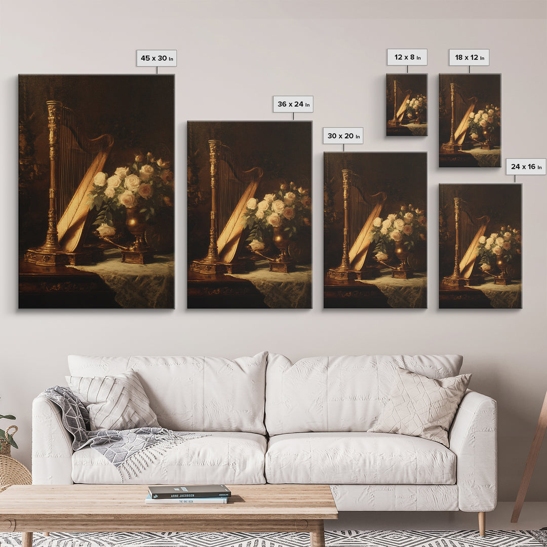 Golden Harp and Roses Framed Canvas Print, Baroque Art, Maximalist Wall Art, Living Room Decor, Abstract Art, Ornate, BAO-2x3-2