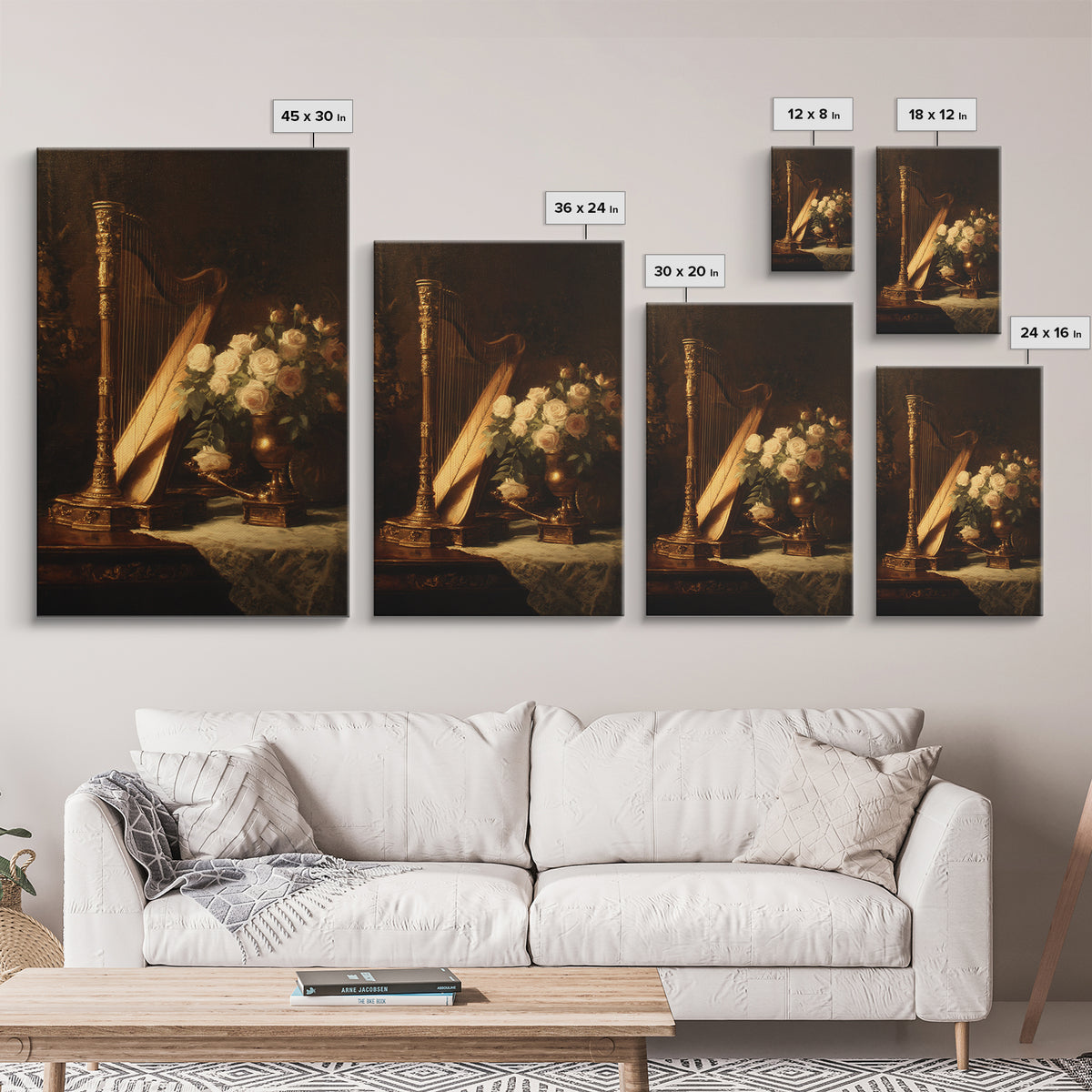 Golden Harp and Roses Framed Canvas Print, Baroque Art, Maximalist Wall Art, Living Room Decor, Abstract Art, Ornate, BAO-2x3-2