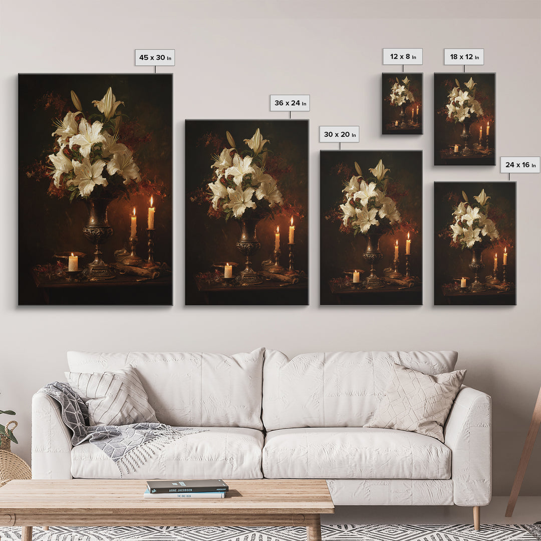 Dramatic White Lilies Framed Canvas Print, Baroque Art, Modern Decor, Living Room Decor, Oil Painting, Ornate, Poster, BAO-2x3-20