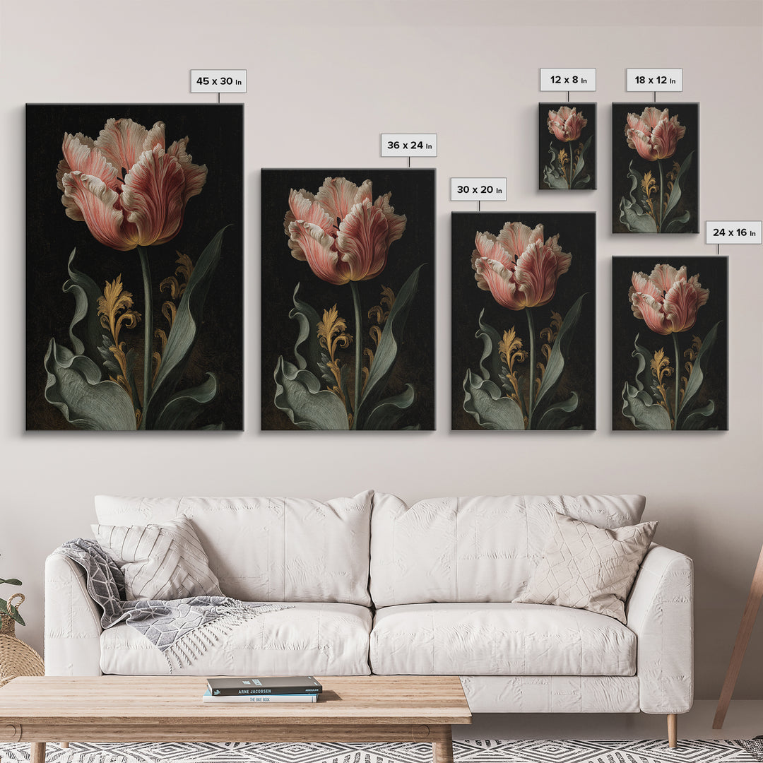 Black Background Tulips Framed Canvas Print, Baroque Art, Oil Painting, Living Room Decor, Fine Art, Ornate, Eclectic Wall Art, BAO-2x3-24