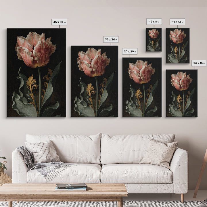 Black Background Tulips Framed Canvas Print, Baroque Art, Oil Painting, Living Room Decor, Fine Art, Ornate, Eclectic Wall Art, BAO-2x3-24