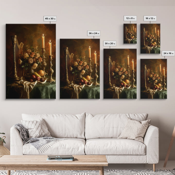 Golden Harp and Roses Framed Canvas Print, Baroque Art, Maximalist Wall Art, Living Room Decor, Abstract Art, Ornate, BAO-2x3-26