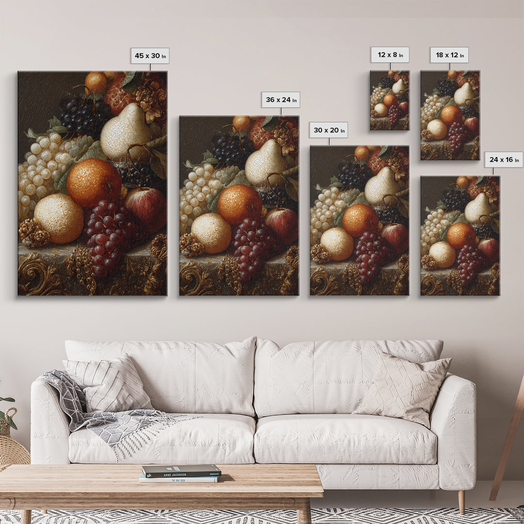 Lavish Banquet Fruit Composition Framed Canvas Print, Baroque Art, Textured Painting, Living Room Decor, Fine Art, Ornate, BAO-2x3-28
