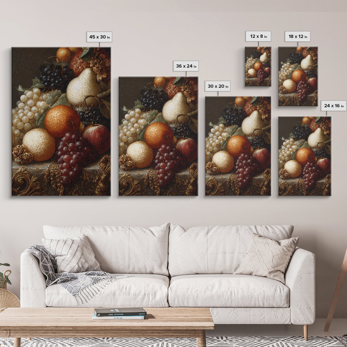 Lavish Banquet Fruit Composition Framed Canvas Print, Baroque Art, Textured Painting, Living Room Decor, Fine Art, Ornate, BAO-2x3-28