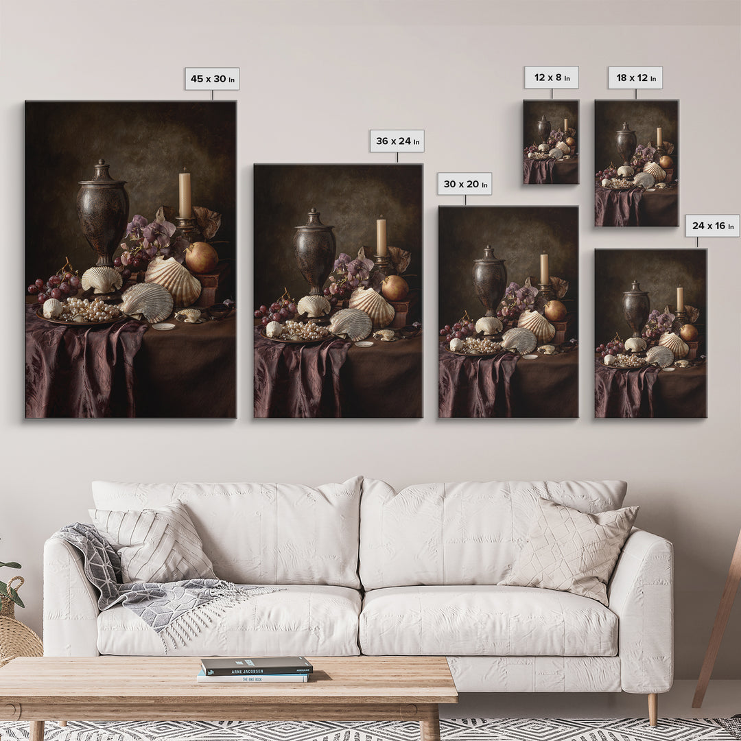 Ornamental Shell and Pearl Composition Framed Canvas Print, Baroque Art, Feminist Art, Living Room Decor, Fine Art, Ornate, BAO-2x3-30