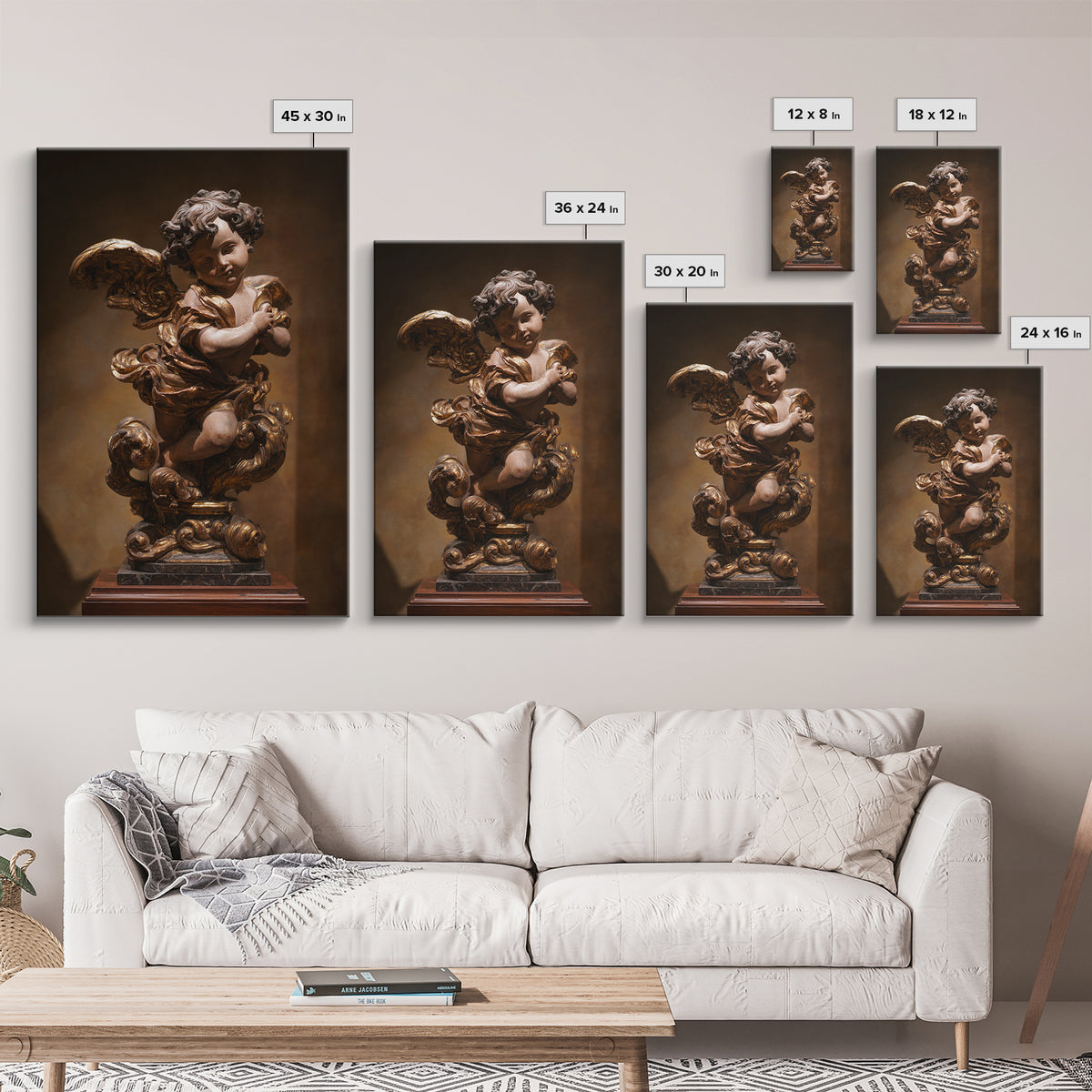Ornate Cherub Figure Surrounded by Clouds and Framed Canvas Print, Baroque Art, Neutral Decor, Living Room Decor, Oil Painting, BAO-2x3-34
