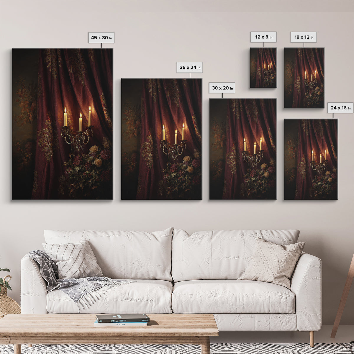 Velvet Drapery with Pearls Flowers and Candlelight Canvas Print, Baroque Art, Portrait Painting, Living Room Decor, Ornate, BAO-2x3-35