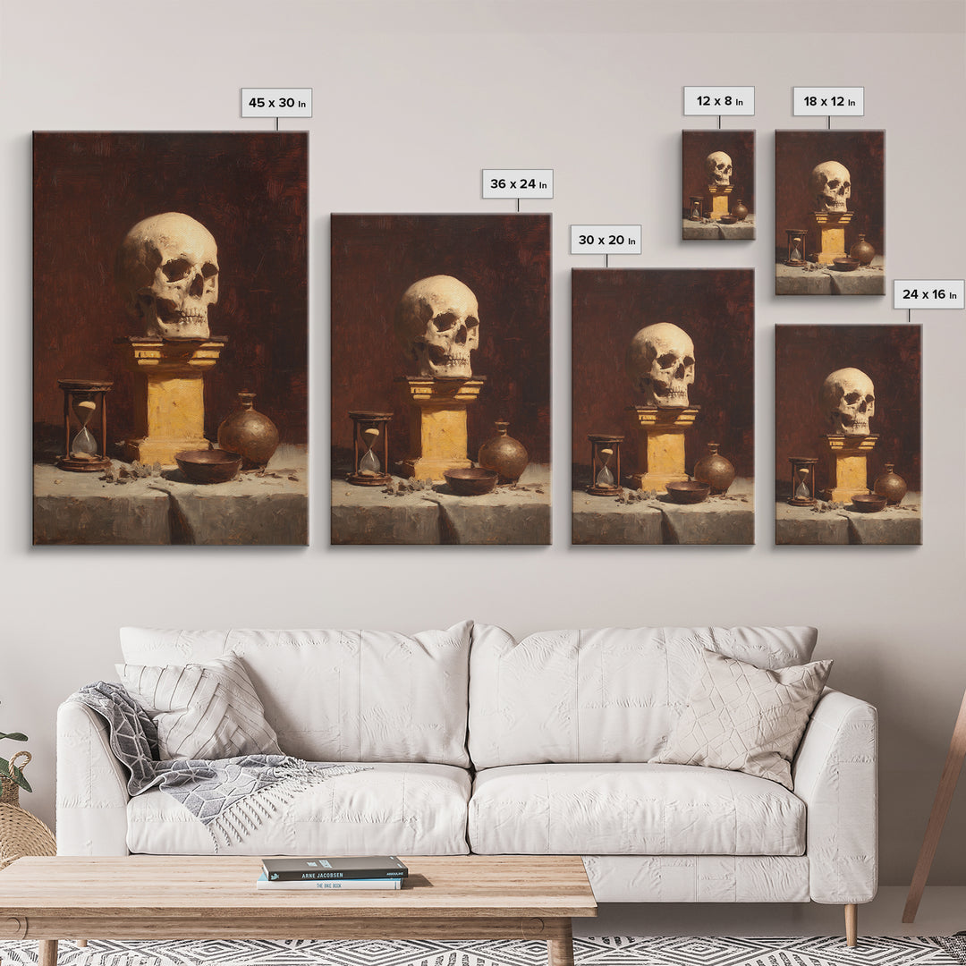 Skull and Hourglass Vanitas Still Life Framed Canvas Print, Baroque Art, Neutral Decor, Living Room Decor, Fine Art, Ornate, BAO-2x3-37