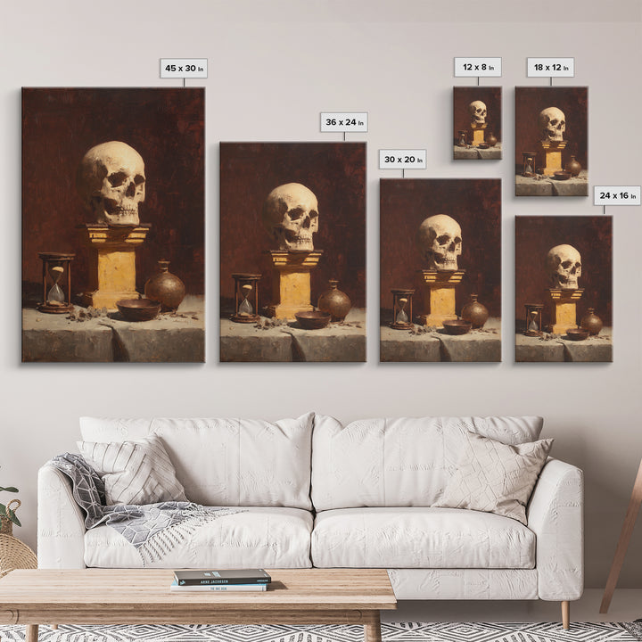 Skull and Hourglass Vanitas Still Life Framed Canvas Print, Baroque Art, Neutral Decor, Living Room Decor, Fine Art, Ornate, BAO-2x3-37