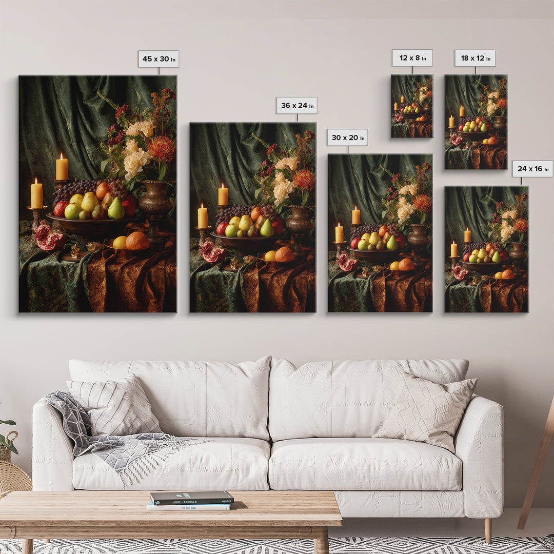 Lavish Banquet Fruit Composition Framed Canvas Print, Baroque Art, Eclectic Wall Art, Living Room Decor, Fine Art, Ornate, BAO-2x3-4