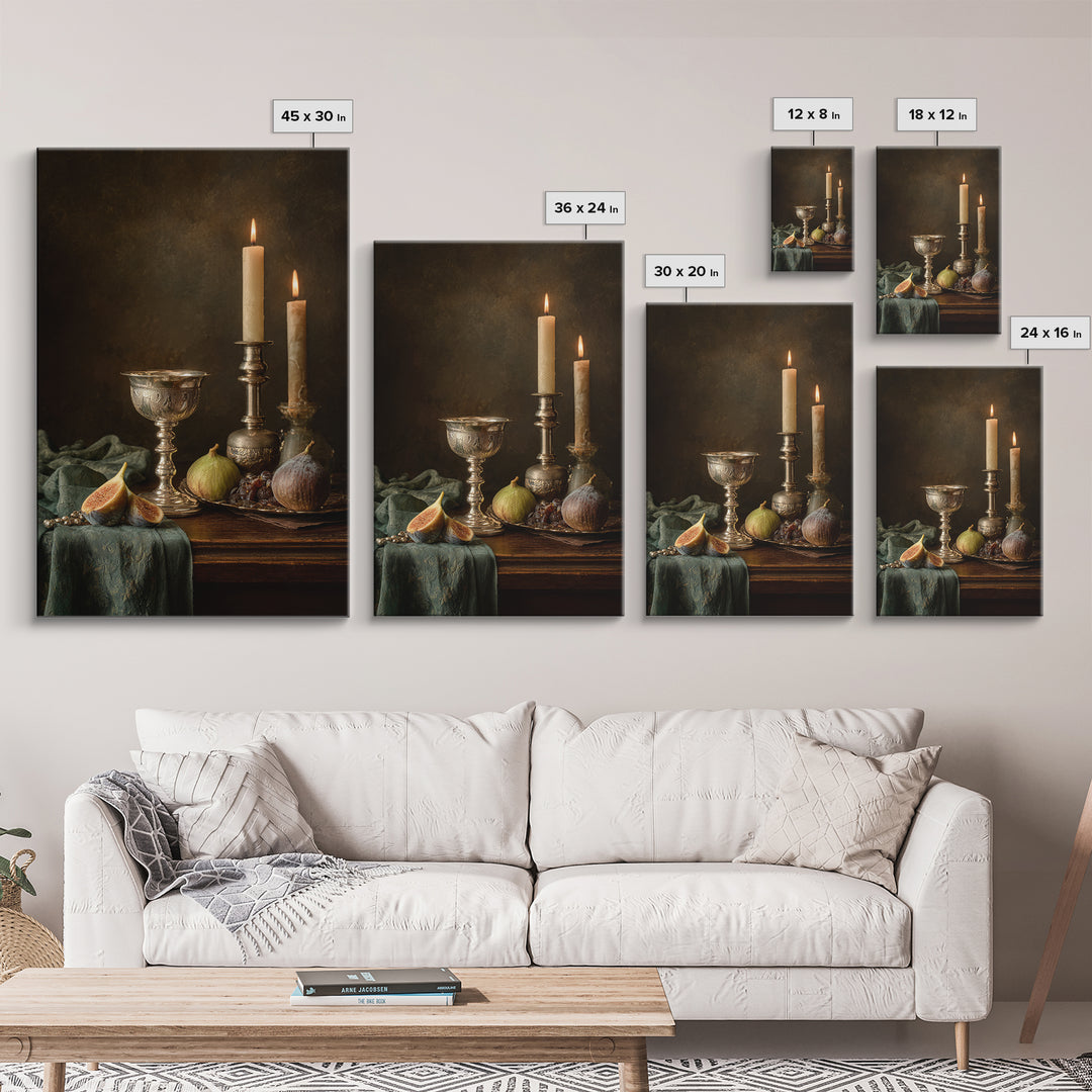 Candlelit Table with Silver Goblet and Figs Canvas Print, Baroque Art, Fine Art Print, Living Room Decor, Fine Art, Ornate, BAO-2x3-45