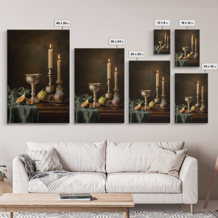 Candlelit Table with Silver Goblet and Figs Canvas Print, Baroque Art, Fine Art Print, Living Room Decor, Fine Art, Ornate, BAO-2x3-45