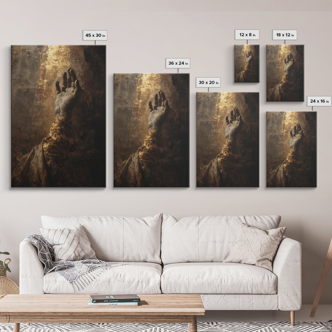 Angelic Hand Reaching Through Clouds Framed Canvas Print, Baroque Art, Boho Decor, Living Room Decor, Oil Painting, Ornate, BAO-2x3-53