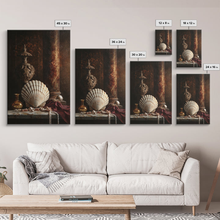 Ornamental Shell and Pearl Composition Framed Canvas Print, Baroque Art, Feminist Art, Living Room Decor, Fine Art, Ornate, BAO-2x3-6
