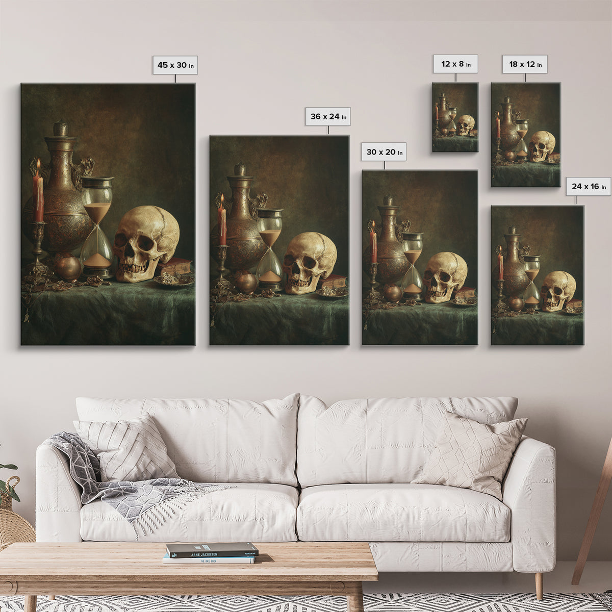 Skull and Hourglass Vanitas Still Life Canvas Print, Baroque Art, Luxury Decor, Living Room Decor, Ornate, Oil Painting, BAO-2x3-61