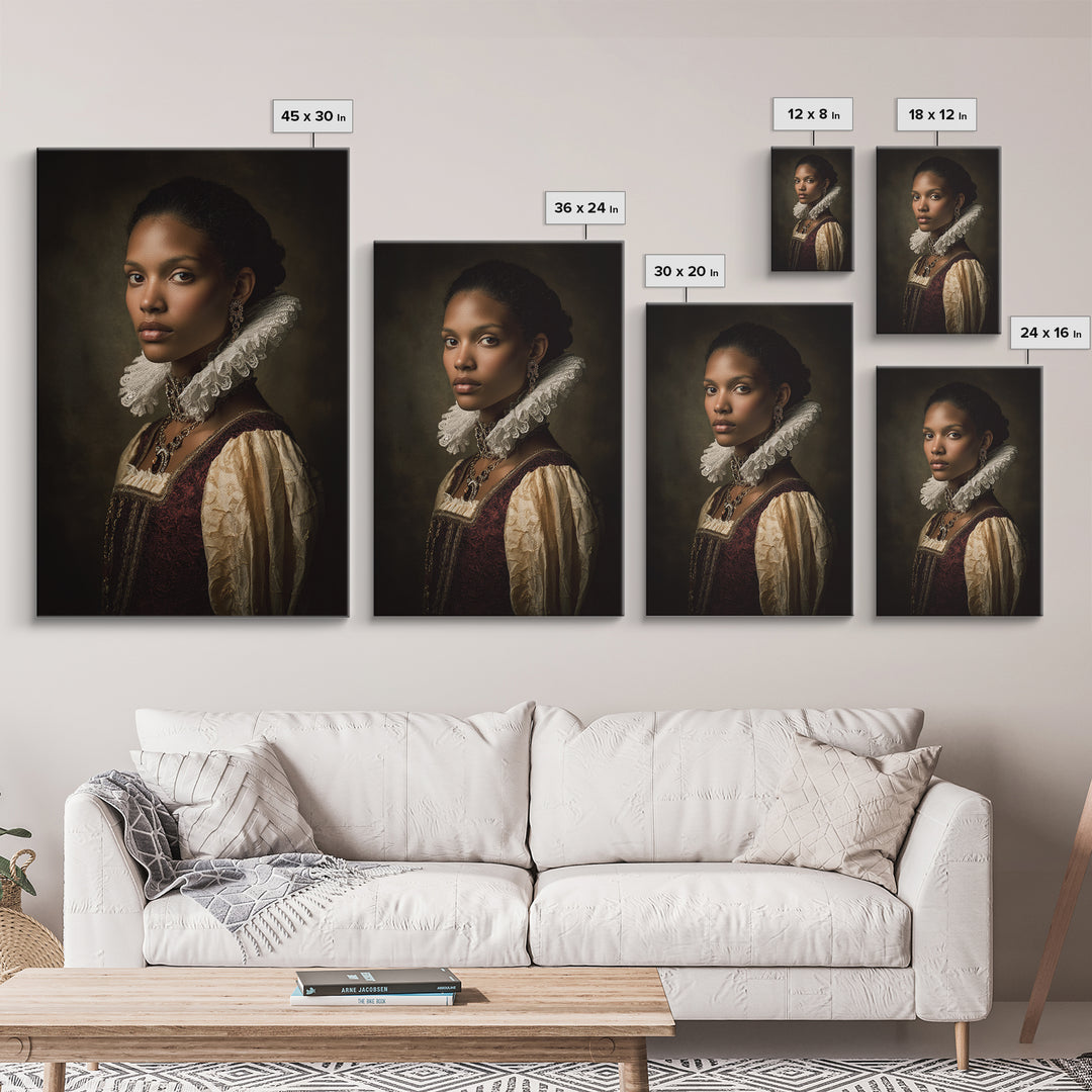 Classical Portrait with Lace Collar and Jewel Framed Canvas Print, Baroque Art, Feminist Art, Living Room Decor, Ornate, BAO-2x3-63