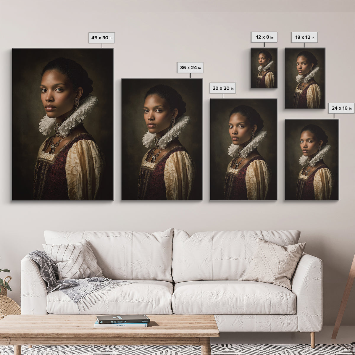 Classical Portrait with Lace Collar and Jewel Framed Canvas Print, Baroque Art, Feminist Art, Living Room Decor, Ornate, BAO-2x3-63