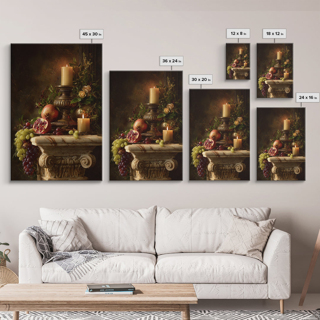 Pomegranate and Grapes on a Marble Ledge Framed Canvas Print, Baroque Art, Dark Academia Art, Living Room Decor, Ornate, BAO-2x3-64