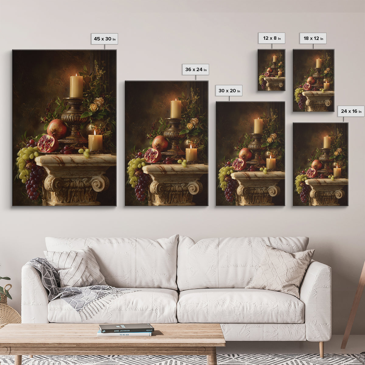 Pomegranate and Grapes on a Marble Ledge Framed Canvas Print, Baroque Art, Dark Academia Art, Living Room Decor, Ornate, BAO-2x3-64