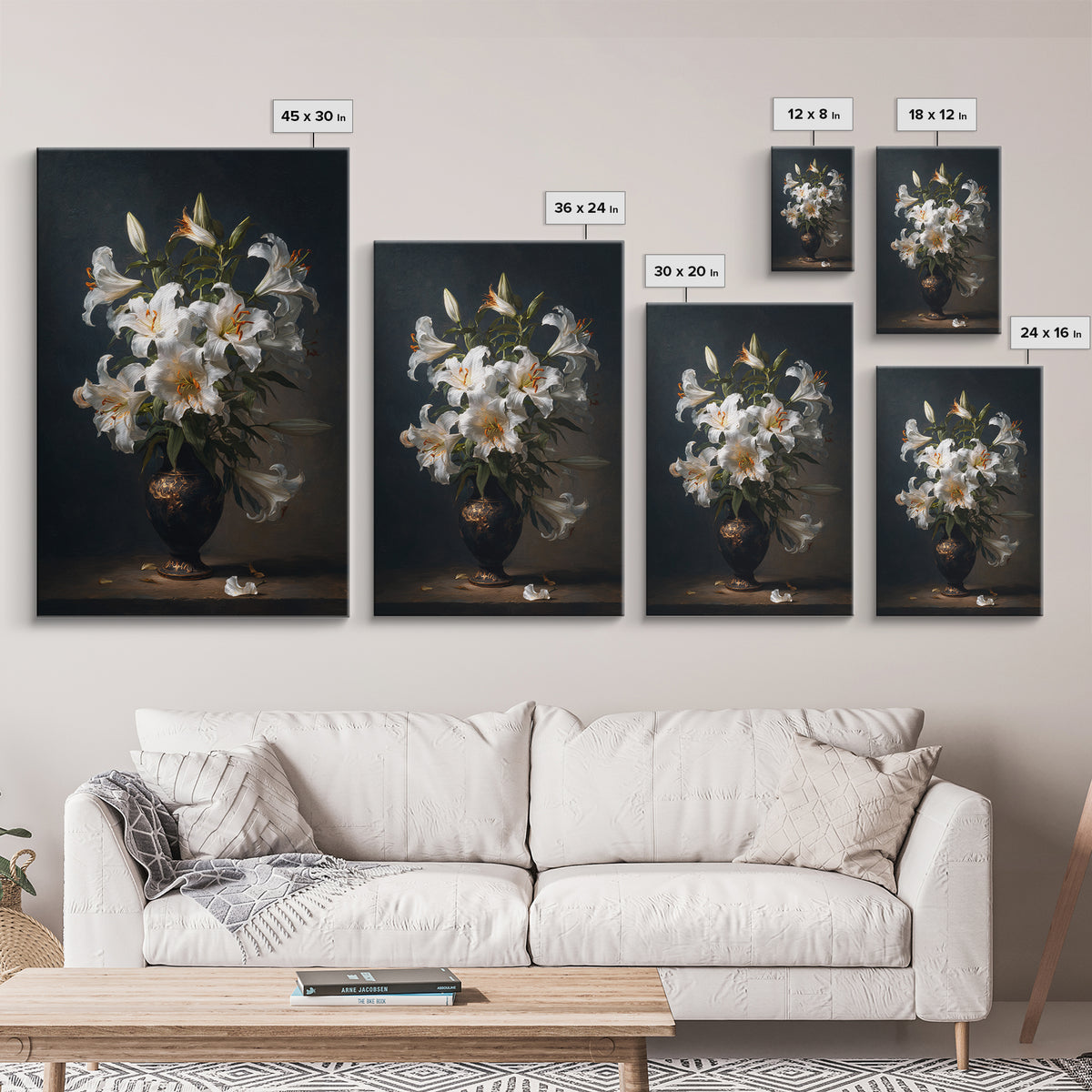 Dramatic White Lilies Framed Canvas Print, Baroque Art, Modern Decor, Living Room Decor, Fine Art, Ornate, Poster, Painting, BAO-2x3-68