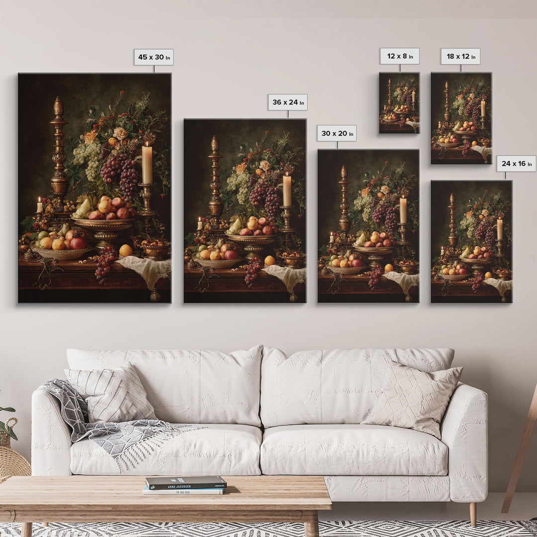 Lavish Banquet Fruit Composition Framed Canvas Print, Baroque Art, Textured Painting, Living Room Decor, Fine Art, Ornate, BAO-2x3-76