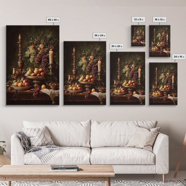 Lavish Banquet Fruit Composition Framed Canvas Print, Baroque Art, Textured Painting, Living Room Decor, Fine Art, Ornate, BAO-2x3-76