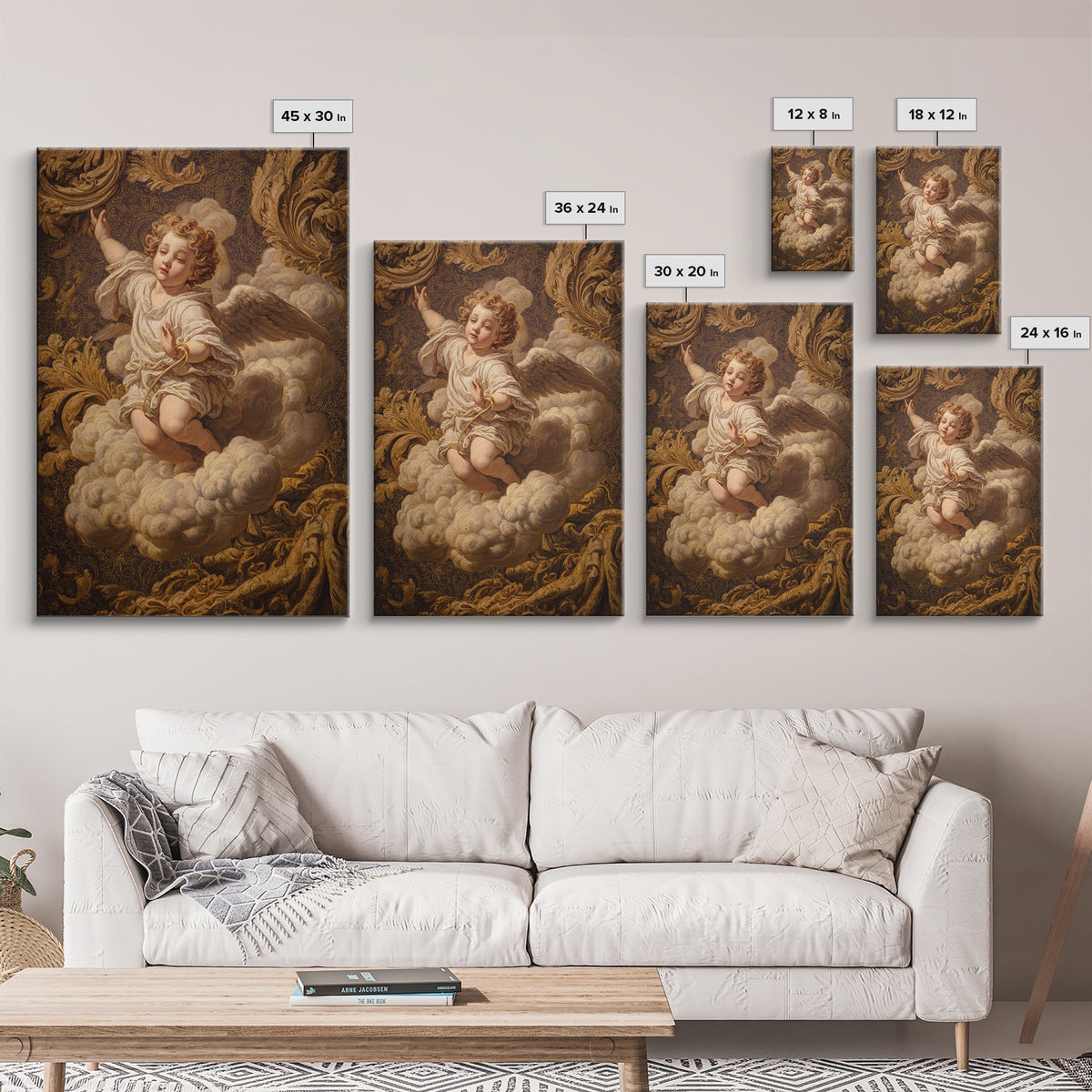 Ornate Cherub Figure Surrounded by Clouds and Canvas Print, Baroque Art, Luxury Decor, Living Room Decor, Fine Art, Ornate, BAO-2x3-82