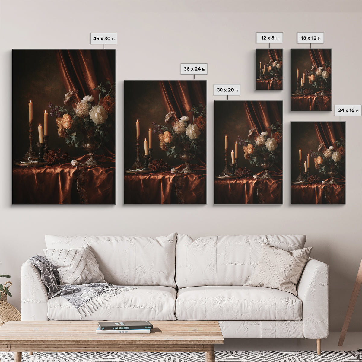 Velvet Drapery with Pearls Flowers and Candlelight Framed Canvas Print, Baroque Art, Boho Decor, Living Room Decor, Ornate, BAO-2x3-83