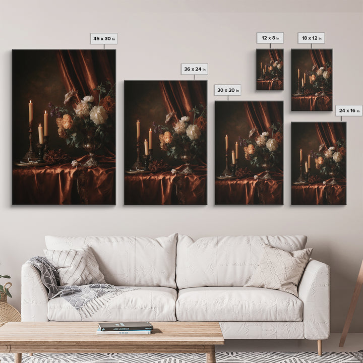 Velvet Drapery with Pearls Flowers and Candlelight Framed Canvas Print, Baroque Art, Boho Decor, Living Room Decor, Ornate, BAO-2x3-83