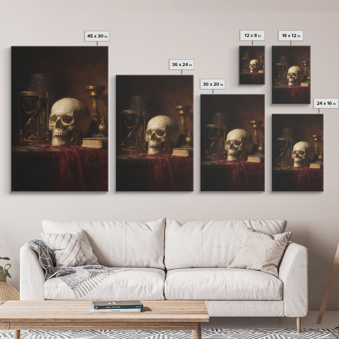 Skull and Hourglass Vanitas Still Life Framed Canvas Print, Baroque Art, Contemporary Art, Living Room Decor, Fine Art, Ornate, BAO-2x3-85