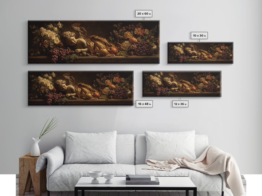 Ornate Cherub Figure Surrounded by Clouds and Canvas Print, Baroque Art, Living Room Decor, Oil Painting, Ornate, BAO-3x1-66