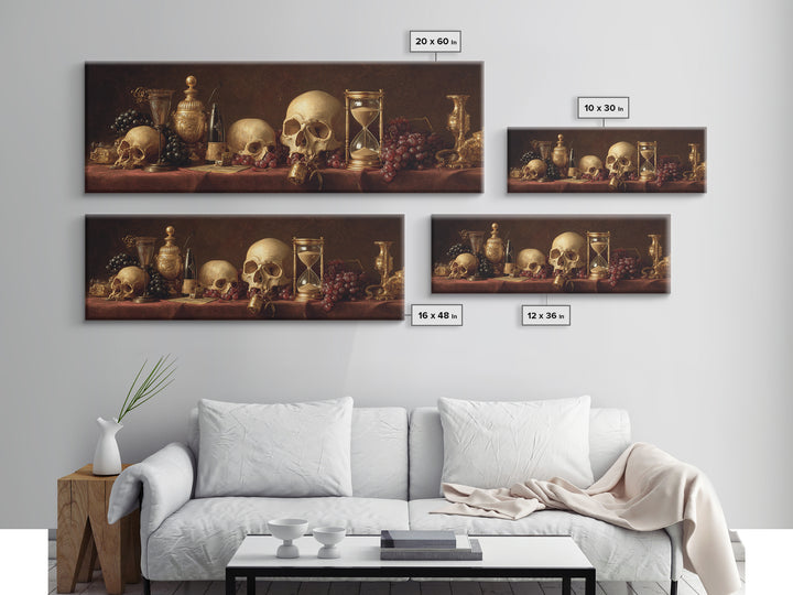 Skull and Hourglass Vanitas Still Life Framed Canvas Print, Baroque Art, Whimsical Decor, Living Room Decor, Fine Art, Ornate, BAO-3x1-69