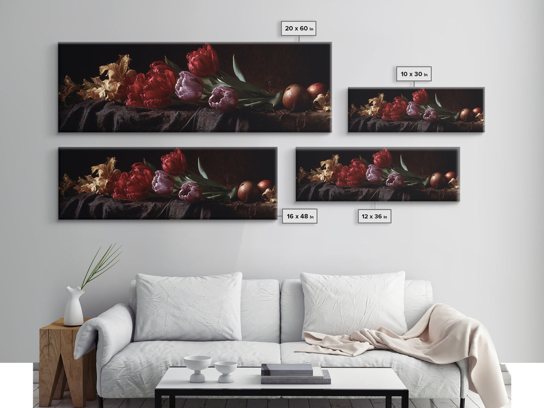 Black Background Tulips Canvas Print, Baroque Art, Gallery Wall, Living Room Decor, Ornate, Neutral Decor, Modern Decor, BAO-3x1-8