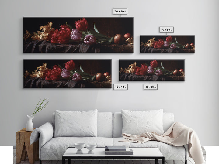 Black Background Tulips Canvas Print, Baroque Art, Gallery Wall, Living Room Decor, Ornate, Neutral Decor, Modern Decor, BAO-3x1-8