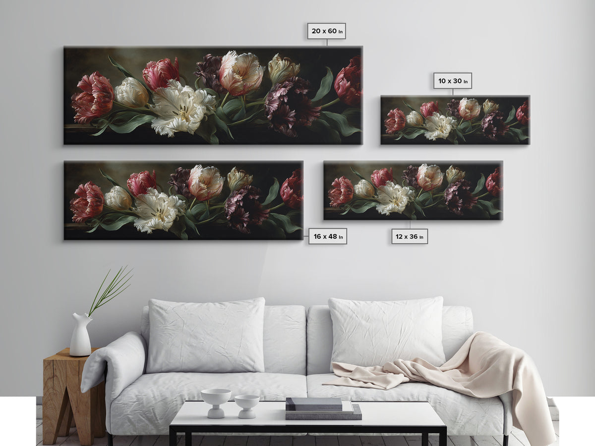 Black Background Tulips Canvas Print, Baroque Art, Minimalist Decor, Living Room Decor, Fine Art, Ornate, Whimsical Decor, BAO-3x1-80