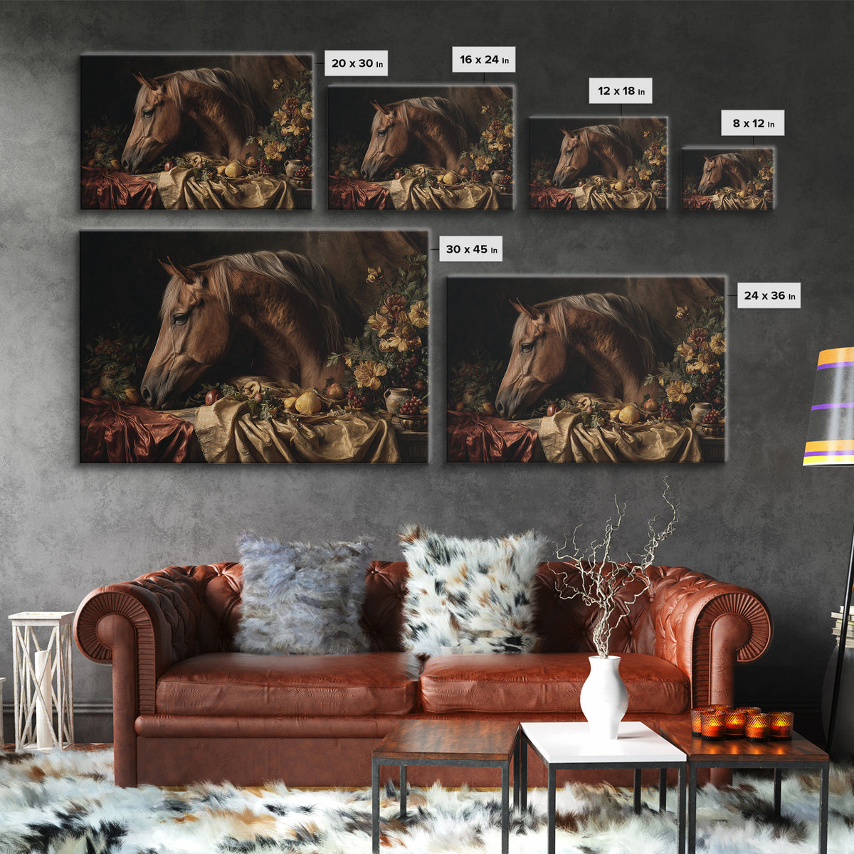 Dramatic Horse Portrait Framed Canvas Print, Baroque Art, Modern Wall Art, Living Room Decor, Oil Painting, Ornate, BAO-3x2-100