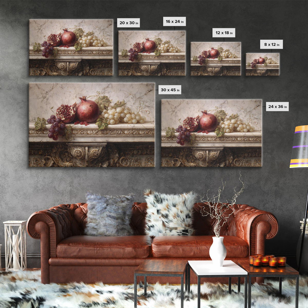 Pomegranate and Grapes on a Marble Ledge Canvas Print, Baroque Art, Luxury Decor, Living Room Decor, Fine Art, Ornate, BAO-3x2-12