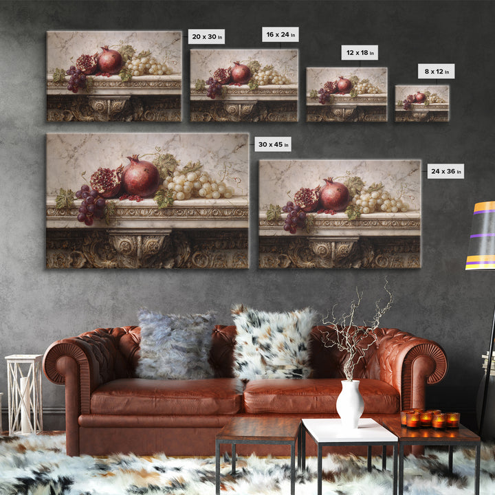 Pomegranate and Grapes on a Marble Ledge Canvas Print, Baroque Art, Luxury Decor, Living Room Decor, Fine Art, Ornate, BAO-3x2-12