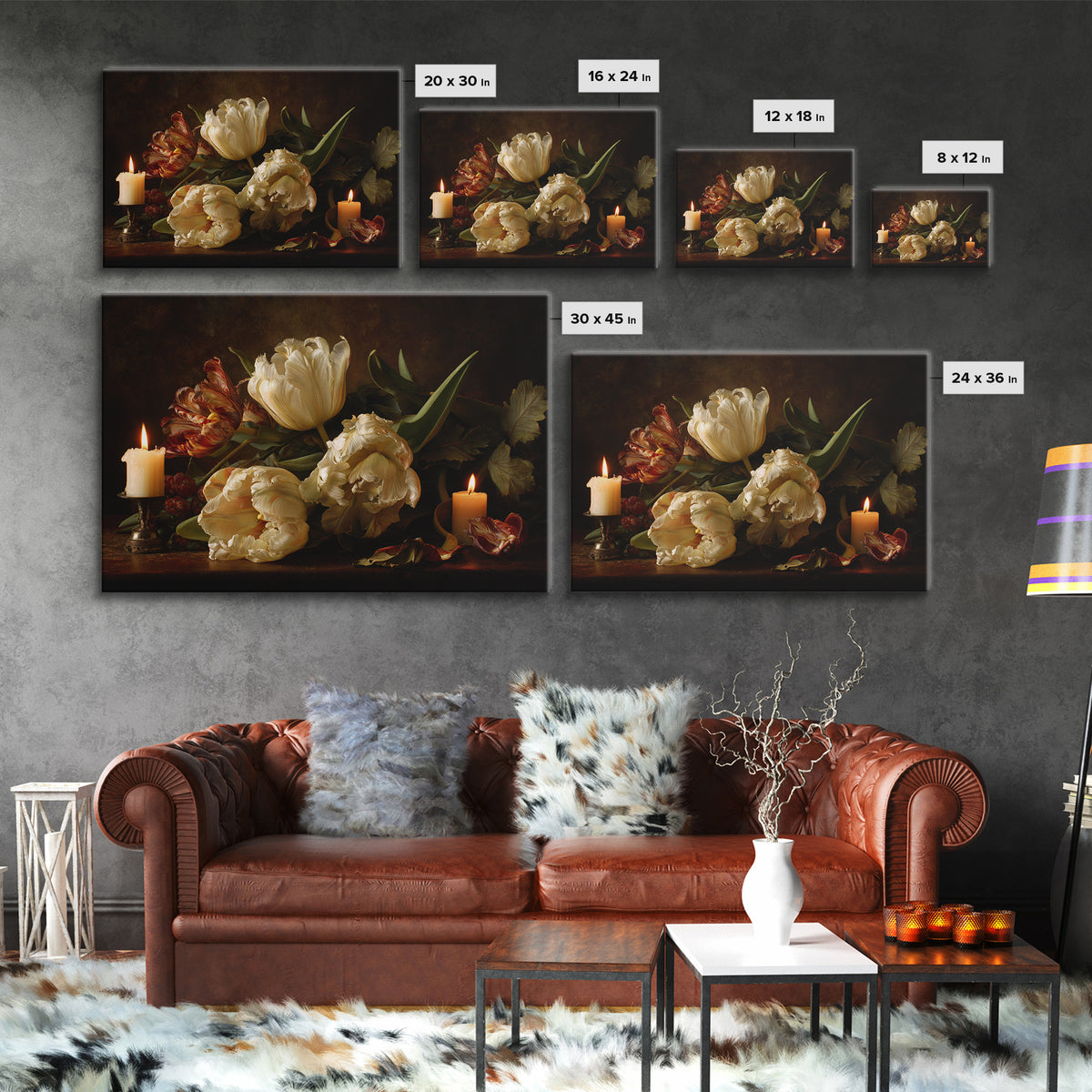 Black Background Tulips Framed Canvas Print, Baroque Art, Room Decor, Living Room Decor, Fine Art, Ornate, Digital Wall Art, BAO-3x2-20