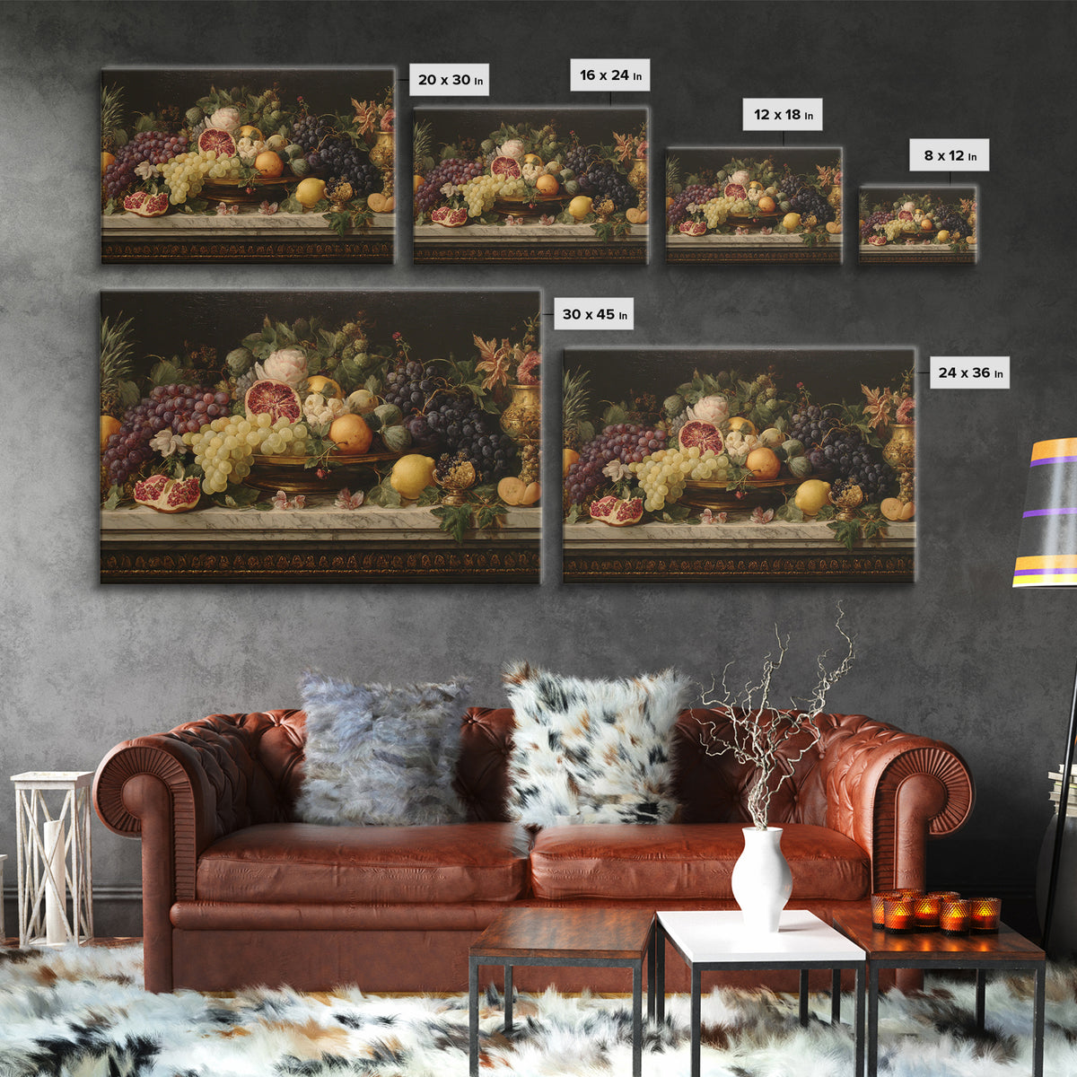 Lavish Banquet Fruit Composition Framed Canvas Print, Baroque Art, Textured Painting, Living Room Decor, Fine Art, Ornate, BAO-3x2-24
