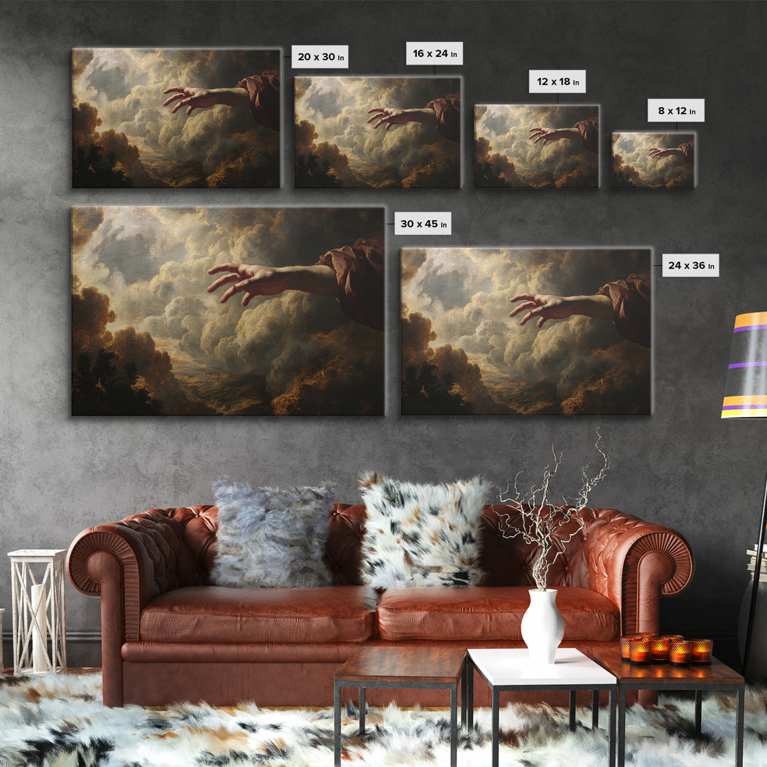 Angelic Hand Reaching Through Clouds Framed Canvas Print, Baroque Art, Painting, Living Room Decor, Abstract Art, Ornate, BAO-3x2-25