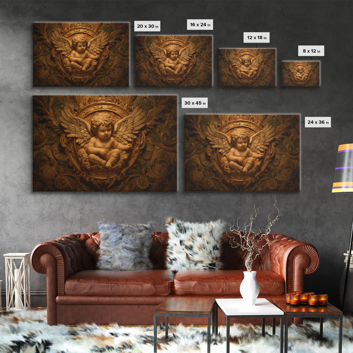 Ornate Cherub Figure Surrounded by Clouds and Canvas Print, Baroque Art, Printable Wall Art, Living Room Decor, Ornate, BAO-3x2-30