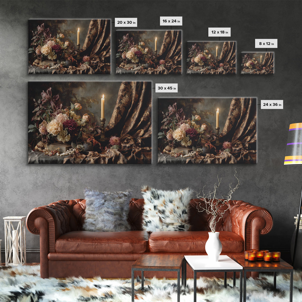 Velvet Drapery with Pearls Flowers and Candlelight Framed Canvas Print, Baroque Art, Painting, Living Room Decor, Ornate, BAO-3x2-31