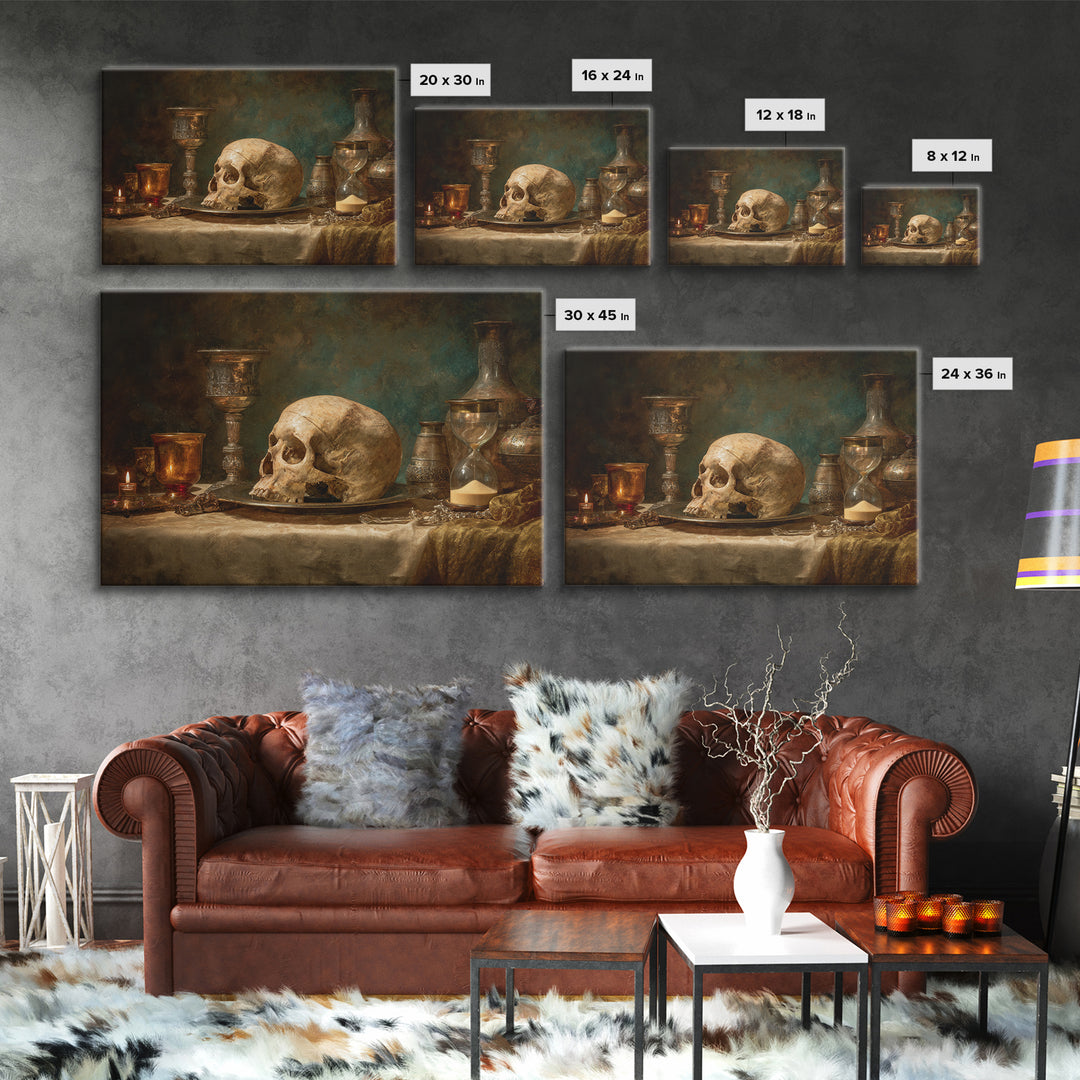 Skull and Hourglass Vanitas Still Life Canvas Print, Baroque Art, Printable Wall Art, Living Room Decor, Fine Art, Ornate, BAO-3x2-33