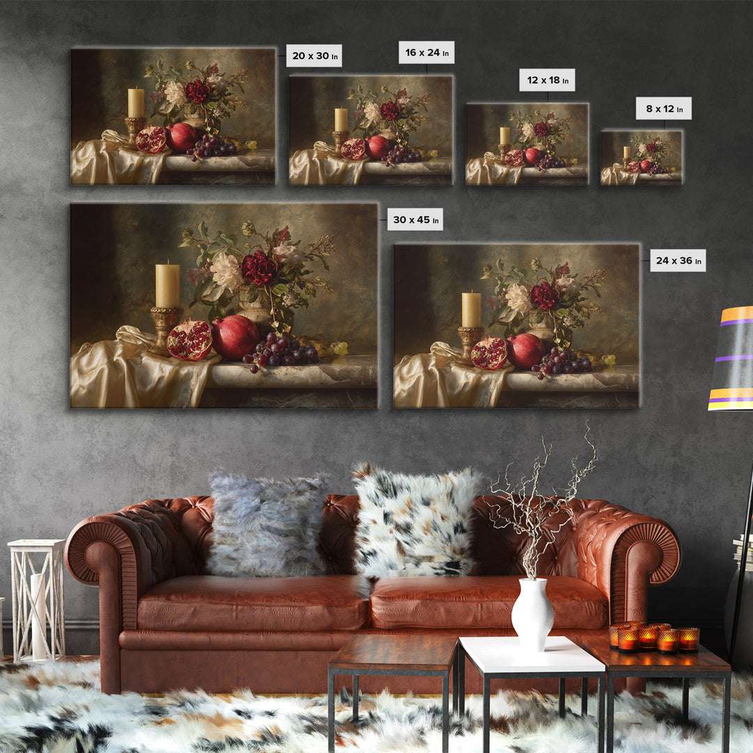 Pomegranate and Grapes on a Marble Ledge Framed Canvas Print, Baroque Art, Contemporary Art, Living Room Decor, Ornate, BAO-3x2-36